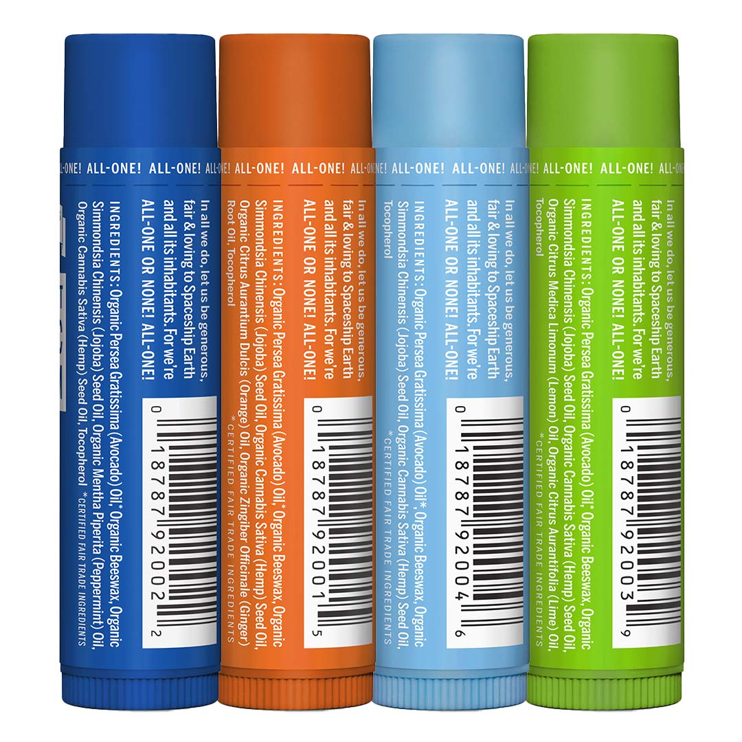Dr. Bronner's Organic Lip Balm - 4 Pack (Naked, Peppermint, Lemon Lime, Orange Ginger)